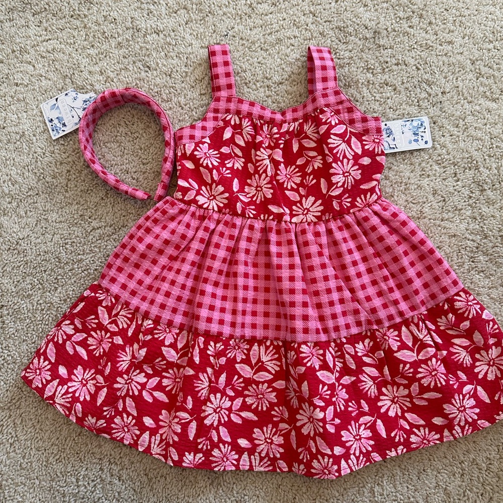 btween Pink and Red Floral Kids Dress with headband